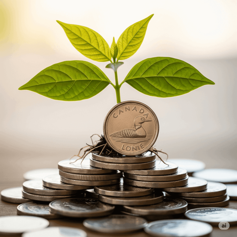 A small, vibrant green plant sprouts from a stack of Canadian coins, symbolizing the growth of a credit score and a secure financial future.