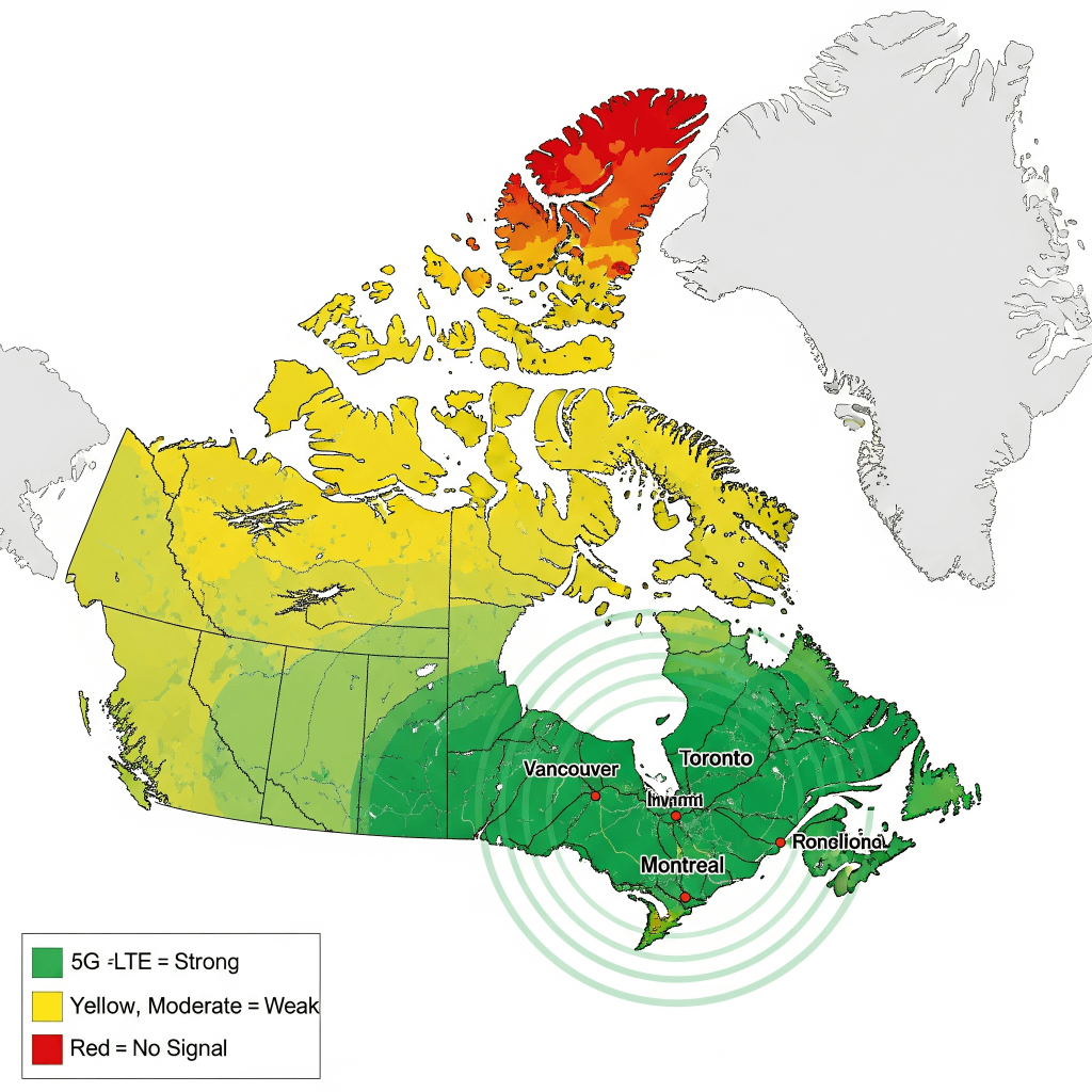 A map of Canada showing Canadian cell phone plan signal strength, with strong coverage in populated areas and weaker signal in rural regions, illustrating network reliability.
