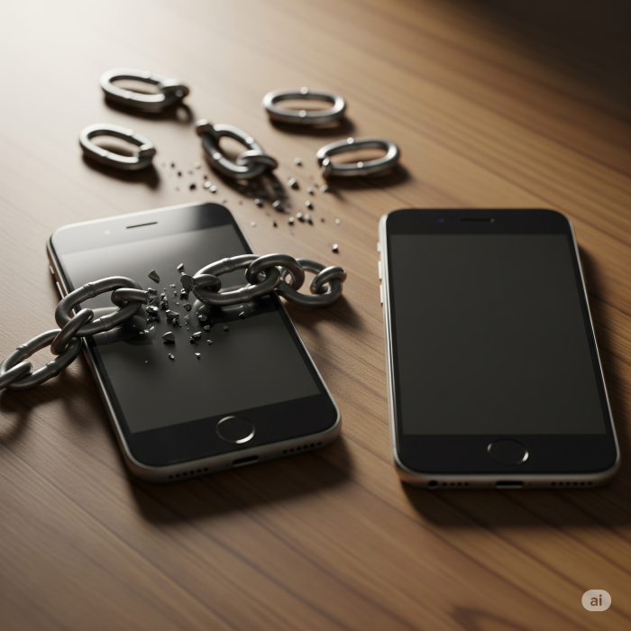 A smartphone chained to rings next to an unchained smartphone, illustrating the difference between contract and no-contract cell phone plans.