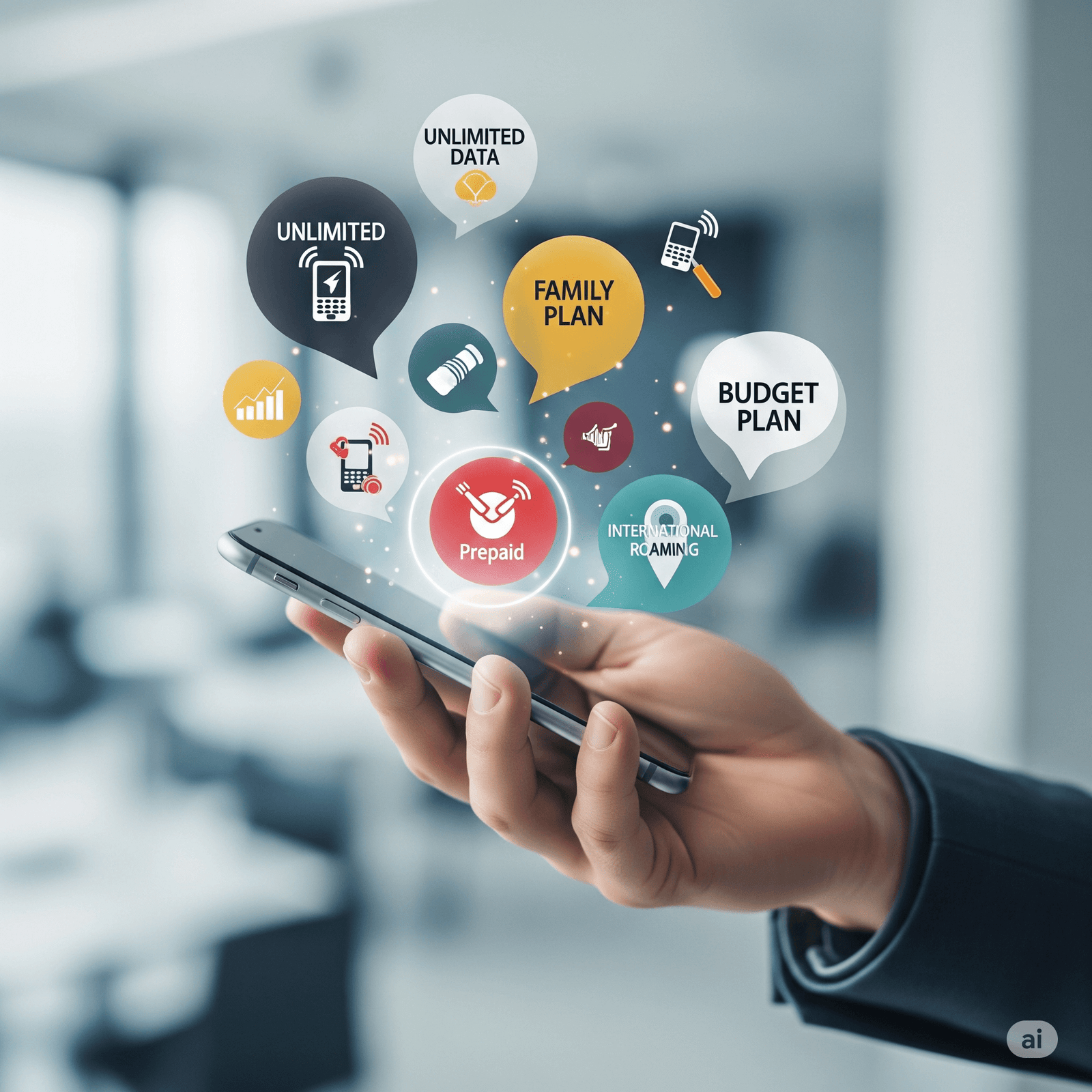 A hand holding a smartphone with colorful floating icons representing different cell phone plan options like unlimited data, family plans, and international roaming.