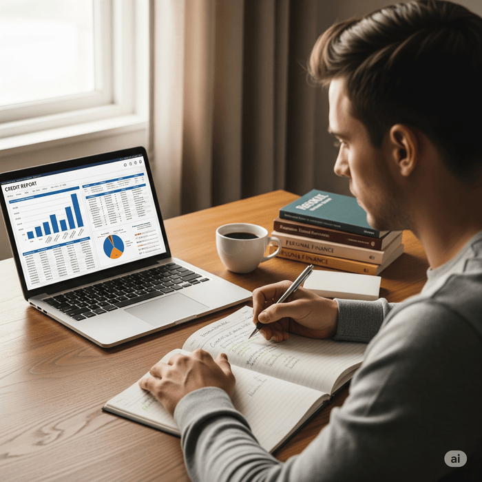 A person analyzing a credit report on a laptop and taking notes, symbolizing thorough research for choosing a cell phone plan.