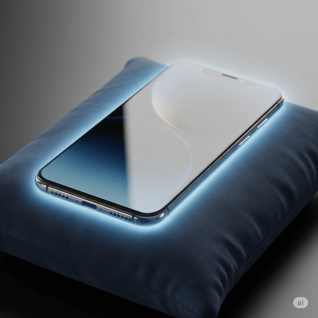 A pristine smartphone resting on a soft cushion with a subtle blue glow, symbolizing comprehensive cell phone protection and peace of mind.