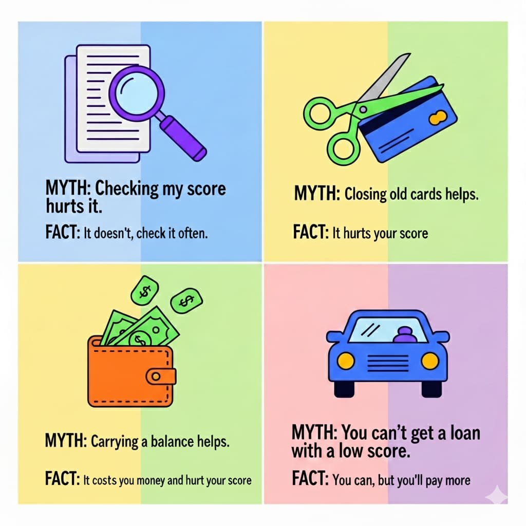 A 2x2 grid graphic debunking common credit myths. The top left panel shows a magnifying glass and the myth that checking your score hurts it. The top right shows scissors and the myth that closing cards helps. The bottom left shows a wallet and the myth that carrying a balance helps. The bottom right shows a car and the myth that you can't get a loan with a low score.