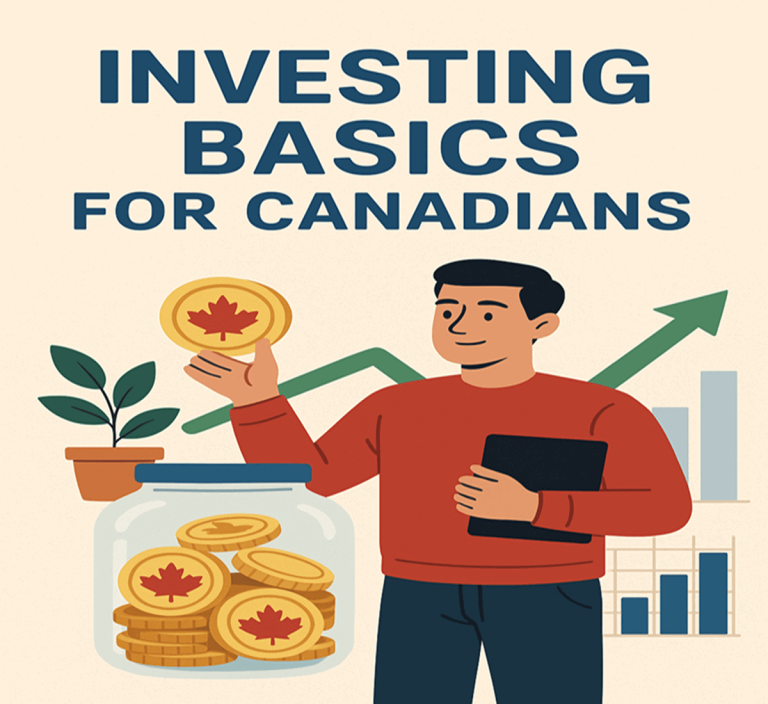 An illustration of a man with a jar of Canadian coins, symbolizing investing basics for Canadians.