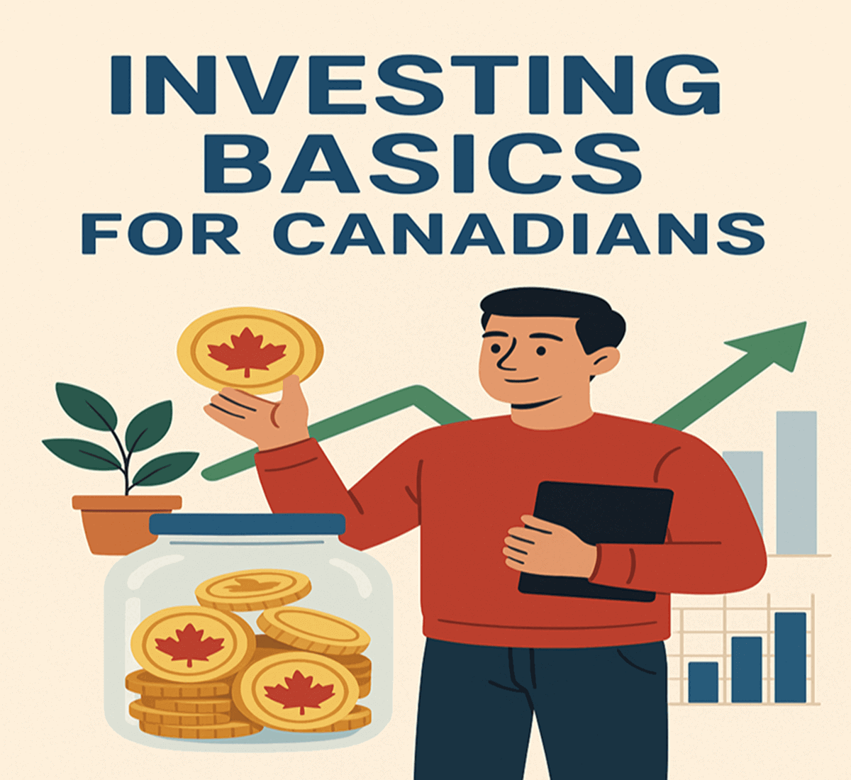 An illustration of a man with a jar of Canadian coins, symbolizing investing basics for Canadians.