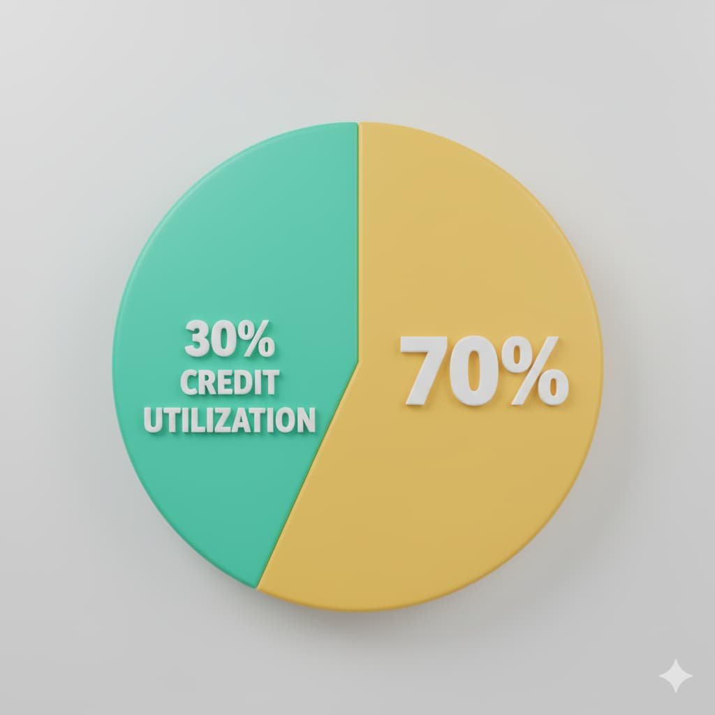 A pie chart illustrating the 30% rule for credit utilization, with a large 70% unutilized section and a 30% utilized section.