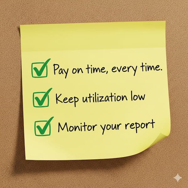 A yellow sticky note graphic with three green checkmarks and three key tips: "Pay on time, every time," "Keep utilization low," and "Monitor your report."