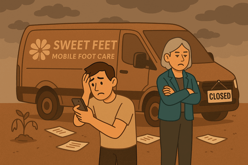 An illustration showing a young man looking distressed while an older woman stands with her arms crossed, representing the difficult decision to close their family business as a result of doing business with family.