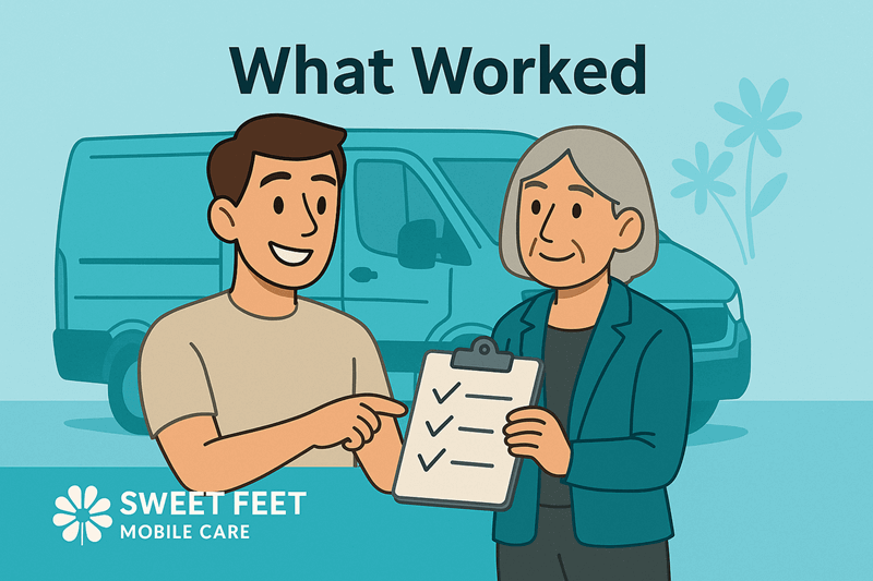 An illustration of a young man and an older woman reviewing a checklist, with a business van in the background. It represents the positive aspects of running a family business.
