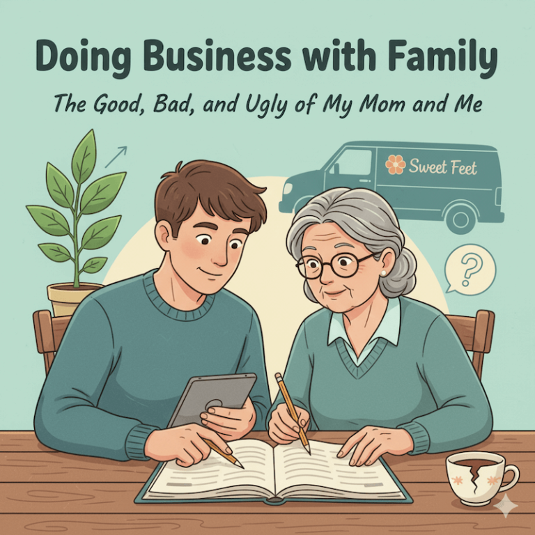 Illustration of a young man and an older woman collaboratively reviewing a book or ledger, with a plant, a business van, and a question mark bubble in the background, representing a family business.