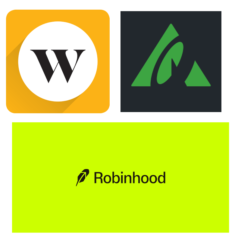 Logos of popular online investing platforms: Wealthsimple, Questrade, and Robinhood.