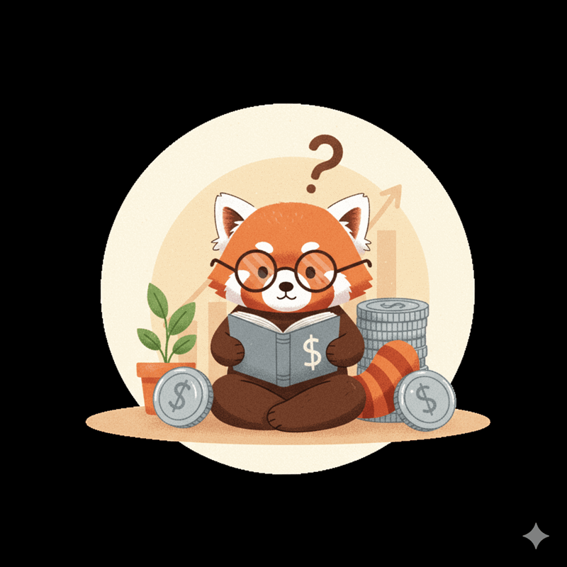 An adorable, thoughtful red panda sitting in a calm, green setting, representing contemplation and careful decision-making.