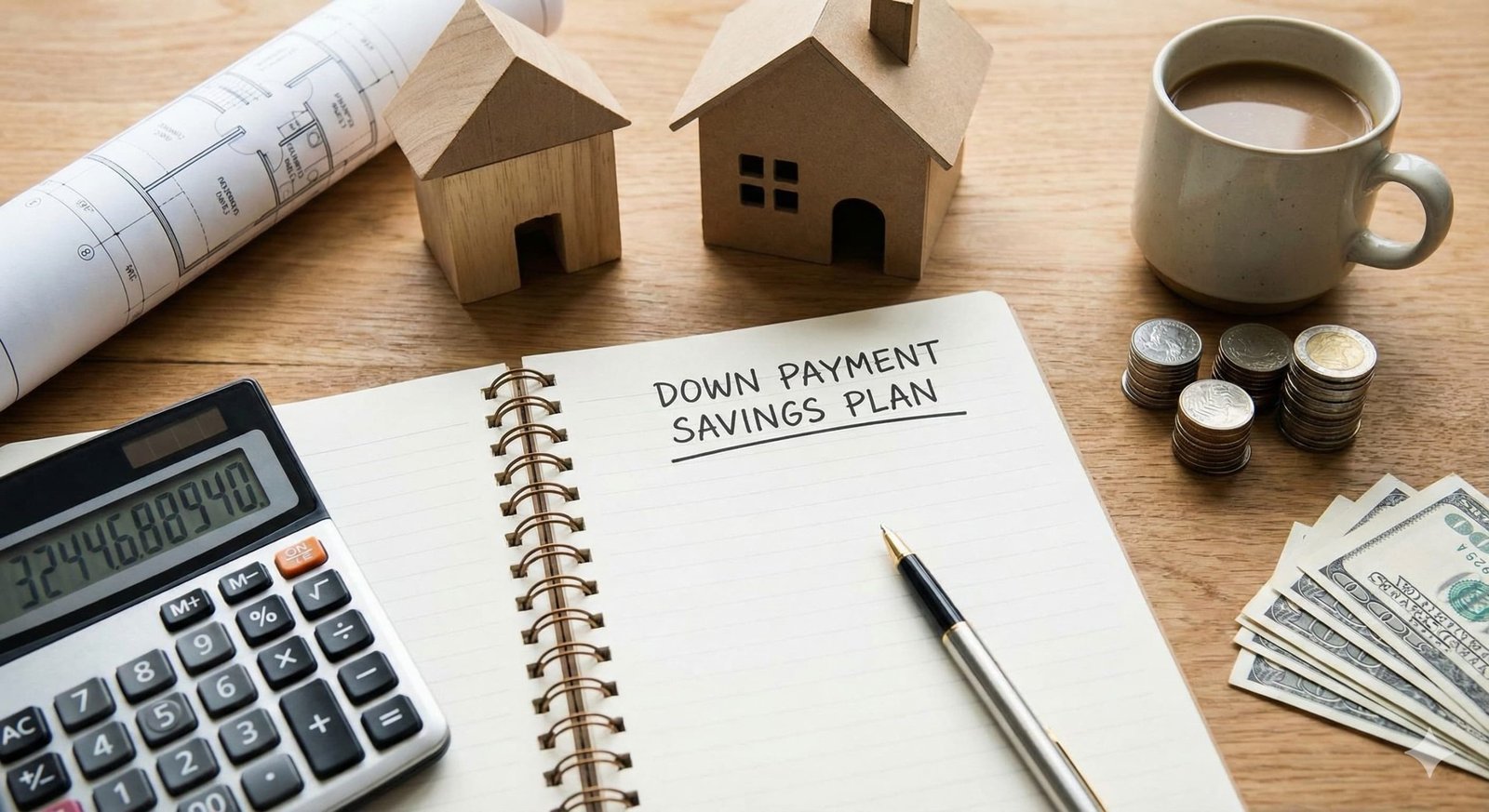 A notebook with the words Down Payment Savings Plan written on it, sitting on a desk next to a calculator, model houses, and stacked coins.