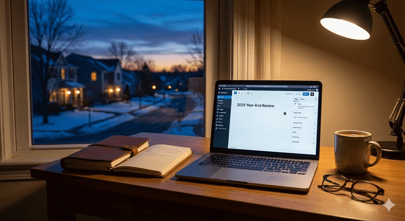 A reflective home office desk at dusk with a notebook, laptop, and coffee, representing a 2025 year-end review and planning for 2026.