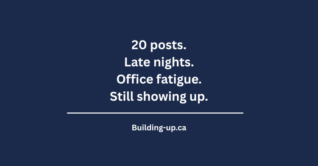 Quote graphic saying 20 posts late nights office fatigue still showing up Building-up.ca